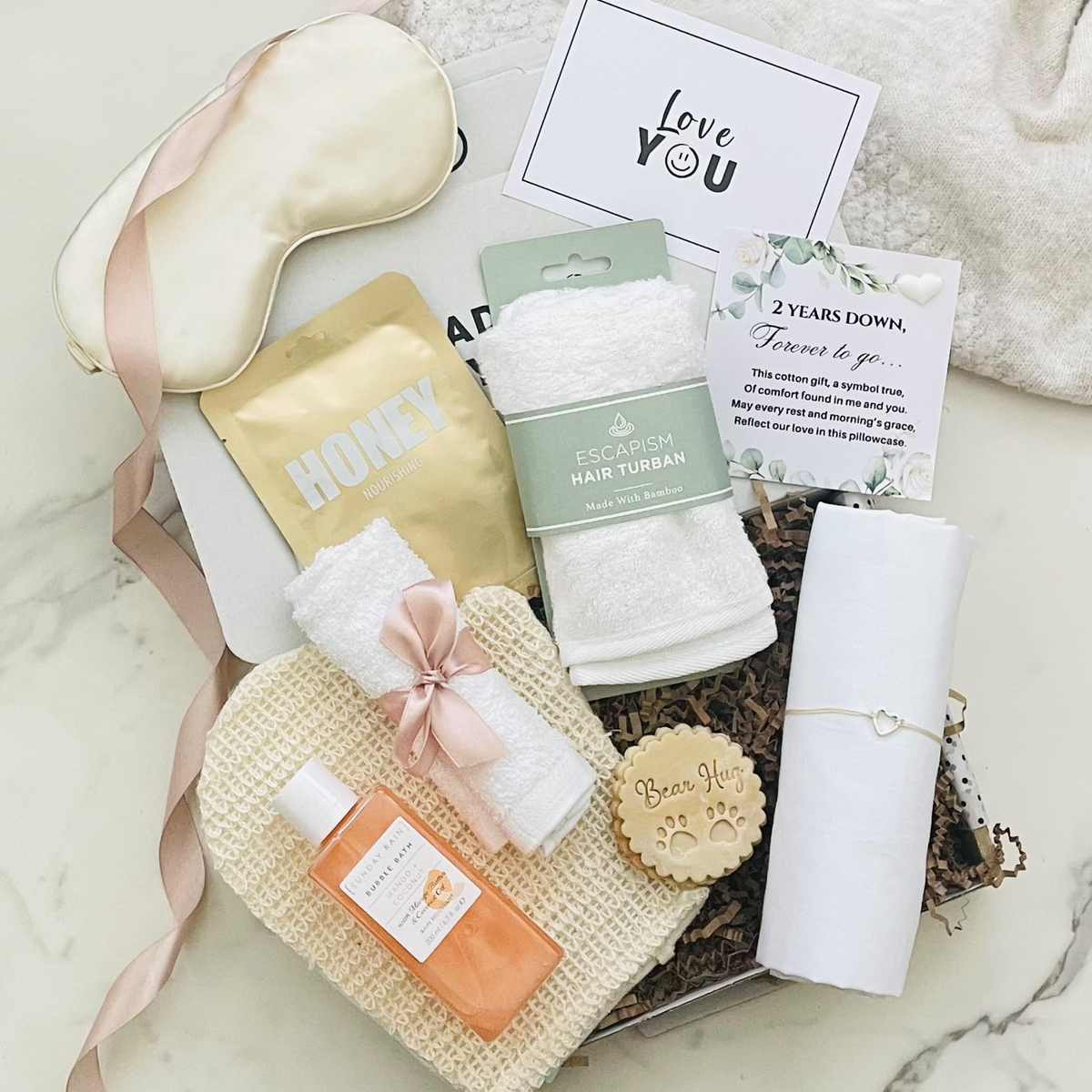 Cotton anniversary gift box for her, a thoughtful 2nd wedding anniversary gift with pampering treats and romantic keepsakes.