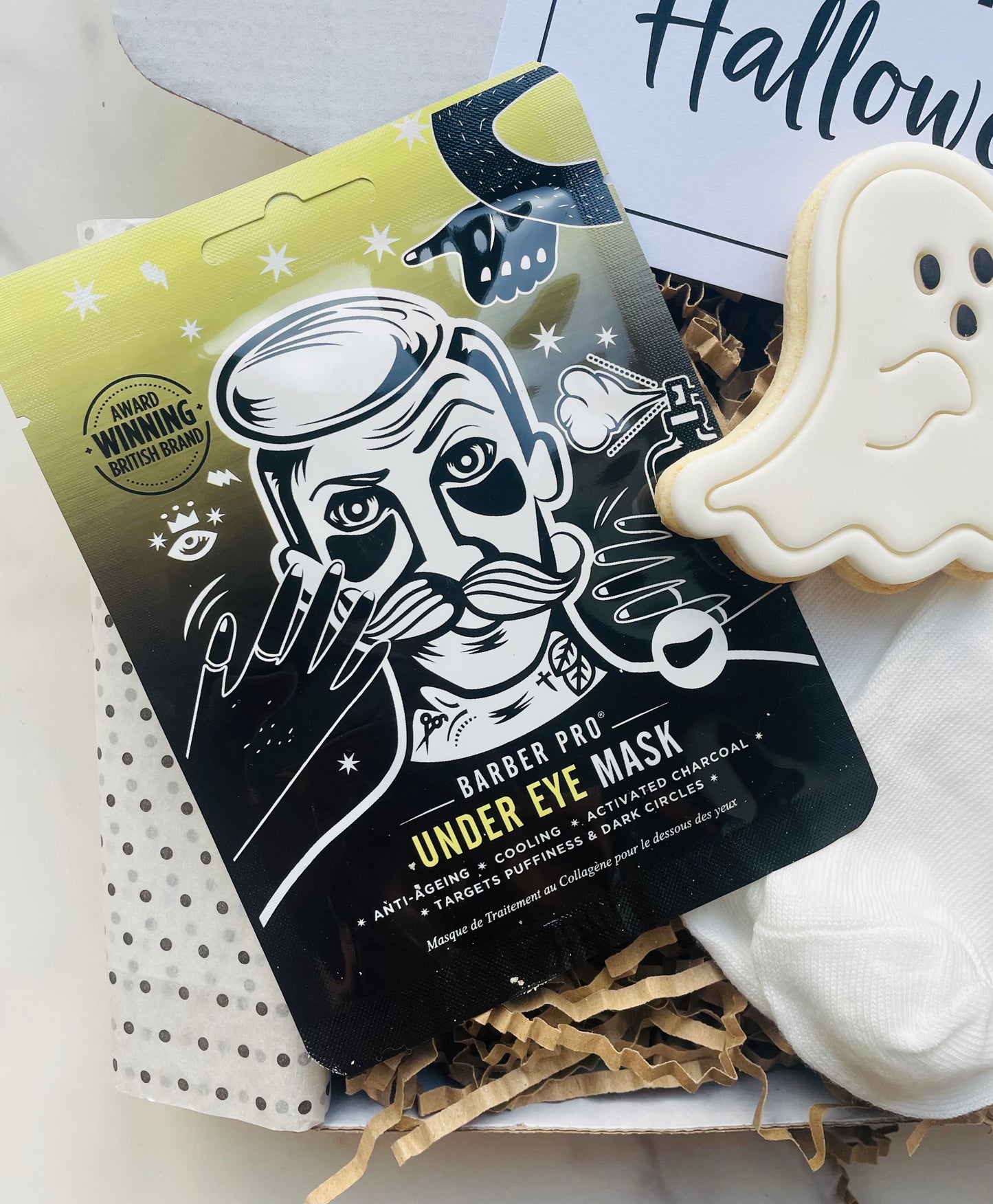 Barber Pro under eye mask packaging with decorative elements on a white background