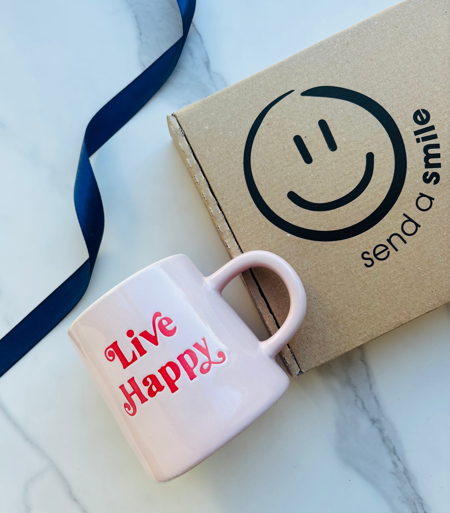 Pink mug with 'Live Happy'. Build your own gift box