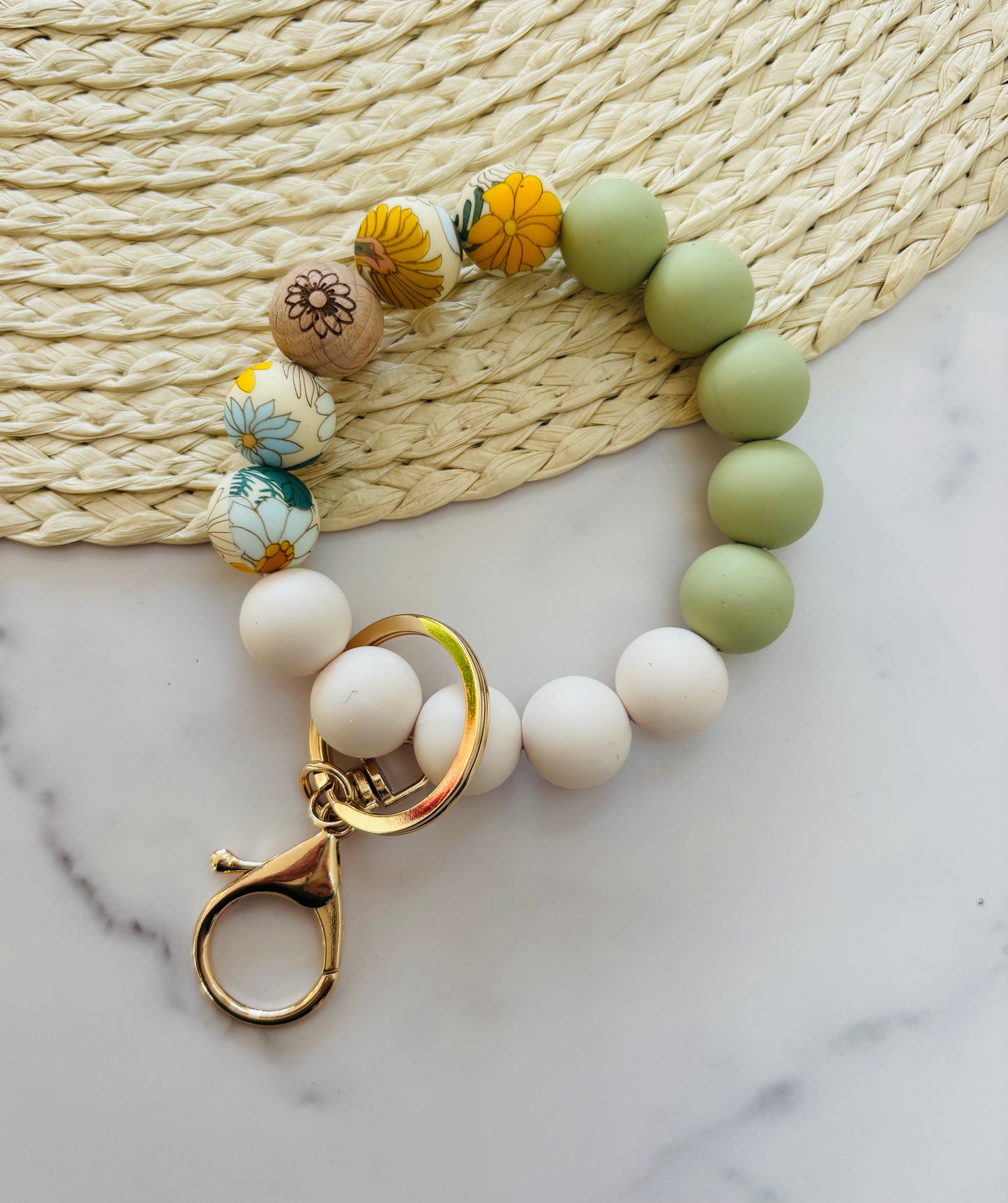 Sage Floral Beaded Wristlet Keyring