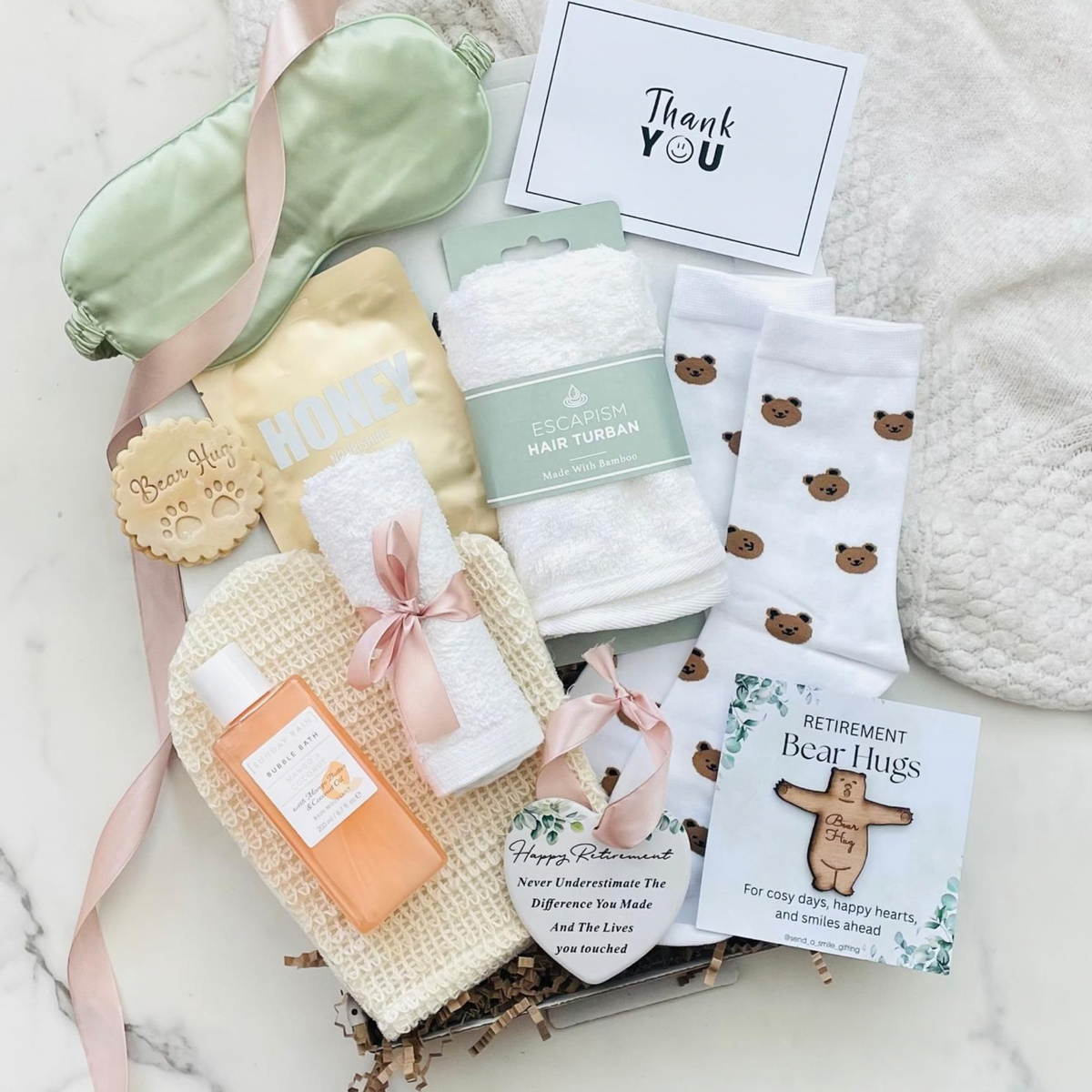 Retirement gift hamper for her. Retirement pamper hamper with keepsakes. 